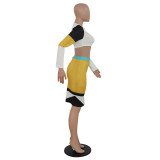 Sexy Contrast Long Sleeve Crop Top and Mini Skirt