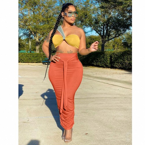 Color Patchwork One Shoulder Strapped Two Piece High Waist Pleated Sets