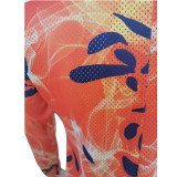 Hole Net Zipper Print Jumpsuit