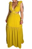 Solid Color Fungus Deep V Backless Hollow Maxi Dresses
