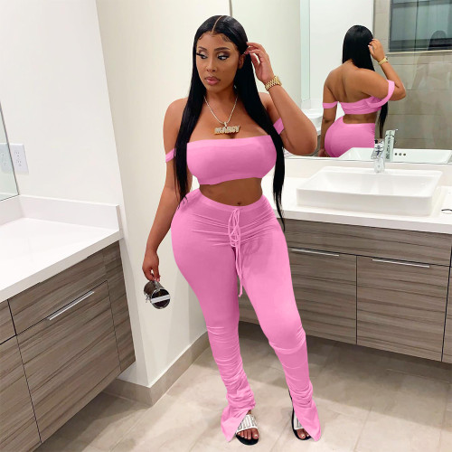 Sexy Pink Sling Wrap Crop Top Pleated Wrinkled Trousers Two Piece