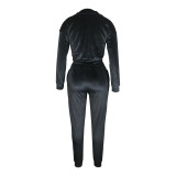 Solid Color Black Zipper Gold Velvet Long Sleeve Loungewear Women Sets with Pockets