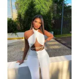Solid Color Bandeau Backless Tops Trousers Set