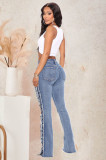 Women Eyelet Rope Elasticity Ripped Denim Trousers