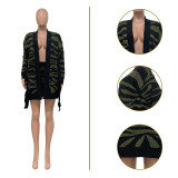 Autumn 2 Pieces Sets Sweater Outfit Manual Knitted Leopard Coat Shorts with Belt