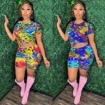 Fashion Graffiti Printed Round Neck Casual Two-piece Set