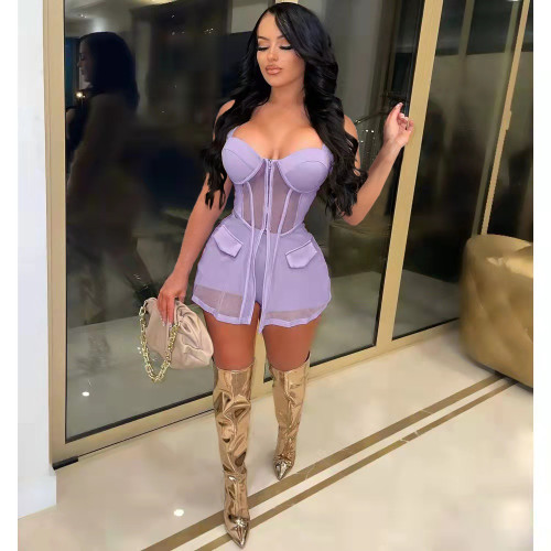 2022 Summer Purple Two Piece Set Women Zip Mesh Sheer Top and Short Matching Sets
