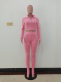 Solid Color Pink Long Sleeve Sets Stacked Sweat Suits Women Pleated 2 Piece Set Clothing