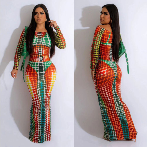 Casual Digital Printed Off Shoulder Long Sleeve Maxi Dress