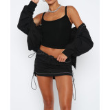 Solid Color Shirred Elastic Buckle Athleisure Pocket Cargo Skirts