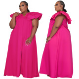 Solid Color Plus Size Woven Ruffled Sleeve V-neck Stitching Party Dress