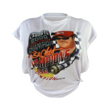 Casual White Cool Racing Print Bandage Hollowed Out Split Joint O Neck T-Shirts