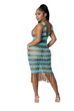 Women Summer Casual Striped V Neck Bodycon See Through Sexy Knit Rib Tassel Beach Dress
