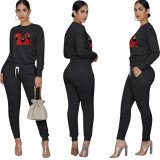 Trend New Black Squid Game Mask Man Printed Sports Two Piece Ruched Pants Set