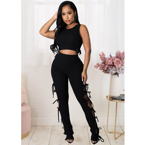 Summer Solid Color Black Hollow Pit Women's Clothing Sleeveless Crop Top Two Piece Outfits Set