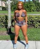Summer Halter Print Burnt Flower Sexy Two Piece Set