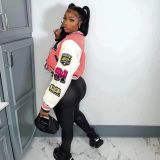 Casual Colorblock Button Fashion Print Double Thread Baseball Jacket