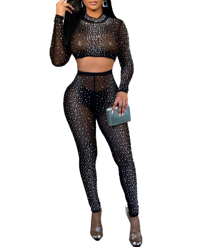 Fashion Sexy Black Hot Drilling See-through O Neck Long Sleeve Two Pieces Pant Set with G-string
