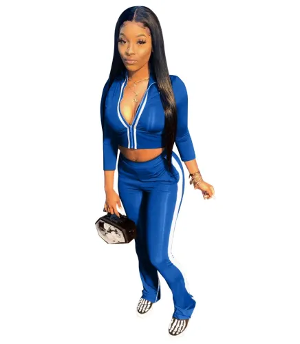 Autumn Winter Royal Blue Color Matching Zipper High Collar Blouse and Split Zip Trousers
