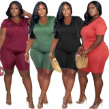 Solid Color V Neck Short Set