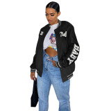 Autumn Women Black Printed Baseball Crop Jacket