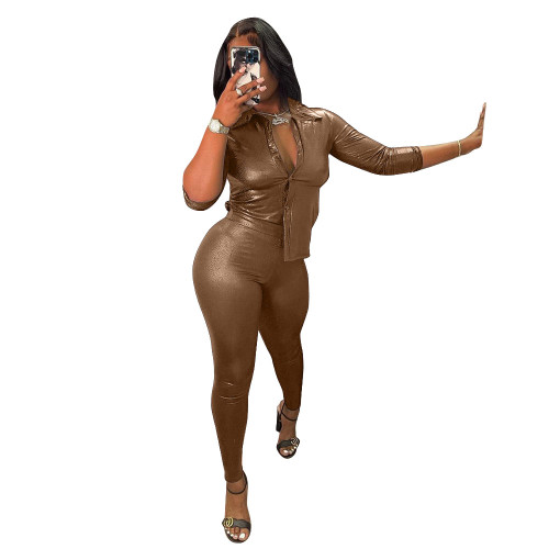 Sexy Gold Tight Elastic Snake Print Faux Leather Pants Set