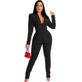 Solid Black Corset Patchwork Blazer Suit Set Two Piece OL Office Ladies Slim Elegant Blazer Set