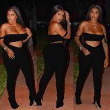 Solid Color Crop Top and Pleated Split Micro Trousers