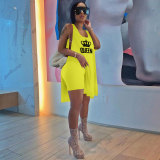 Casual Yellow Knitting Printed Vest Loose Long Top Shorts Set