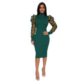 Mesh Sleeve Pit Mock Neck Midi Dress