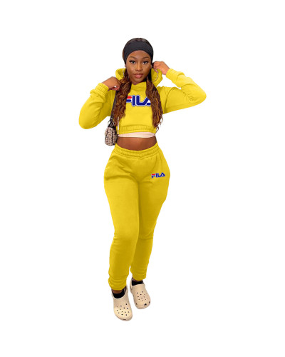 Winter Sports Long Sleeve Two Piece Yellow Printed Bandage Sweatshirt Hooded Set For Women