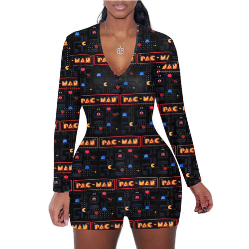 Casual Pattern Printed Loungewear Shorts Rompers