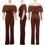 Women Slim Ruffle Off Shoulder Short Sleeve Solid Long Pants Jumpsuit with Belt