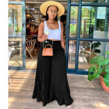 Black Casual Solid Pleated Mid Waist Wide Leg Pants