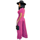 Solid Color Short Sleeve Romper + Wide Leg Pants Two Pieces