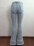 Washed Holes Denim Flared Pants
