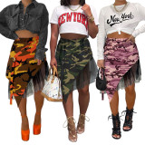 Street Style Camouflage Irregular Mesh Plaid Bandage Skirt Women