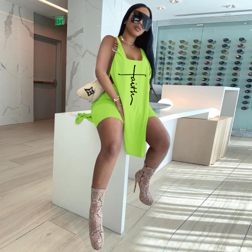 Casual Fluorescent Green Printed Vest Loose Split Long Vest Top Shorts Set