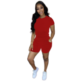 Solid Color Short Sleeve Women Clothing 2 Piece Set