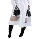 Casual Stitching Mesh Cardigan Shirt Midi Dress