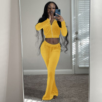 Autumn Winter Yellow Velvet Sports Sweatshirt Crop Top and Trousers