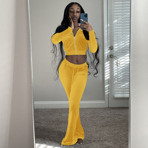Autumn Winter Yellow Velvet Sports Sweatshirt Crop Top and Trousers