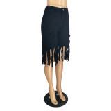 Spring Casual Solid Color Tassel Frayed Midi Jeans