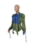 Double Collar Adjustable Tie Puff Long Sleeve Ruffle Denim Jacket