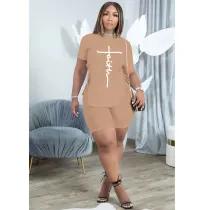 Casual Khaki Letter Print Slit Eyelet Bandage O Neck Short Sleeve Tracksuit Set