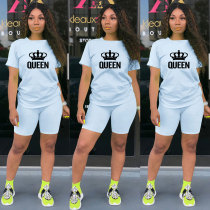 Summer Casual Light Blue Knit Print Sports Shorts Set Two Piece