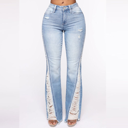 Womens Kiana Distressed Flare Jeans in Light Blue