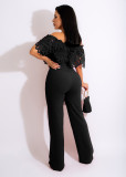 Women Slim Ruffle Off Shoulder Short Sleeve Solid Long Pants Jumpsuit with Belt