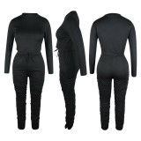 Womens Casual O Neck Long Sleeve Ruched Solid Color Bodycon Two Pieces