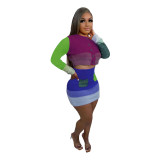 Autumn Knit Color Contrast Patchwork Long Sleeve Crop Top And Skirt Sets Female Matching Set